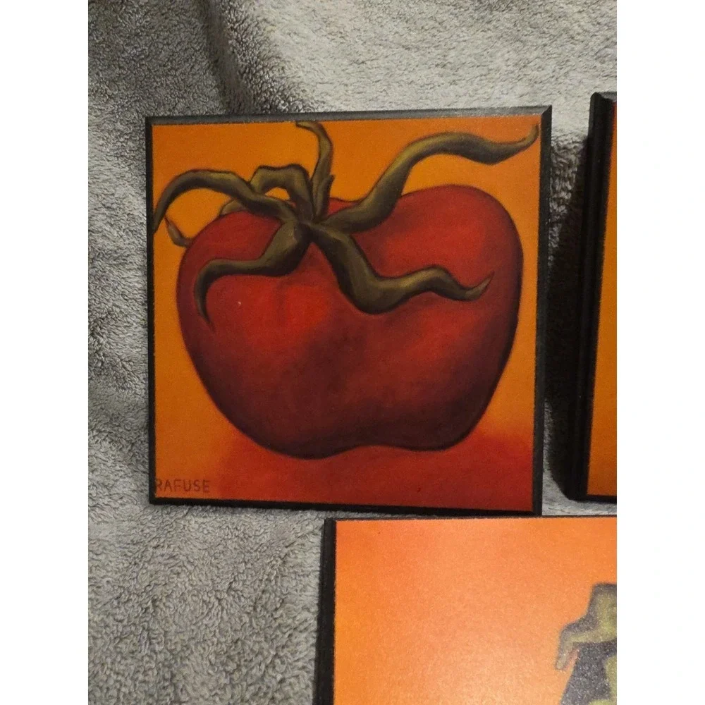 WILL RAFUSE Wood Wall Block Decor-Red‎ Tomato, Artichoke & Purple Egg Plant 8X8